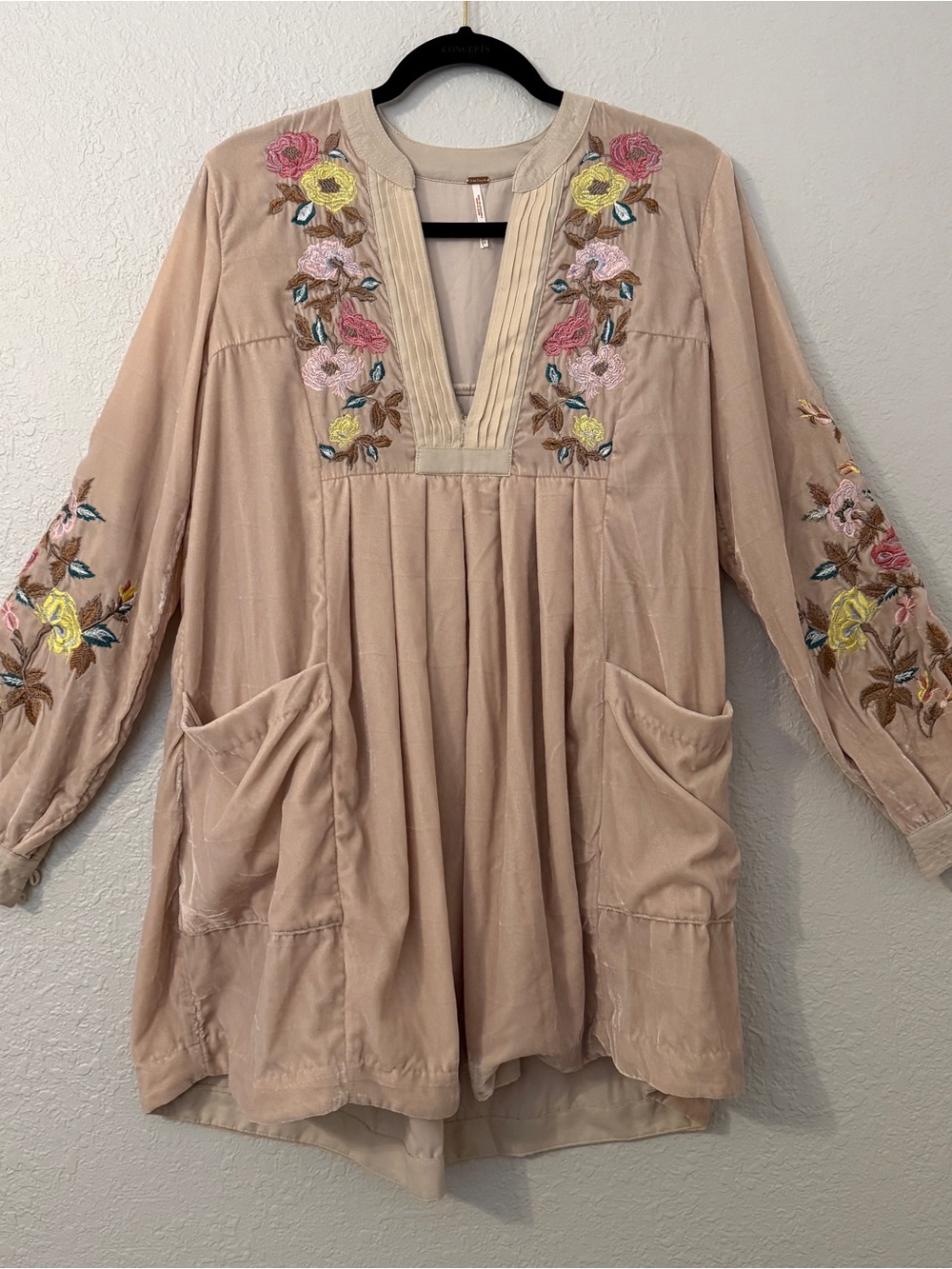 Free People Velvet Embroidered Floral Tunic Top - Beige